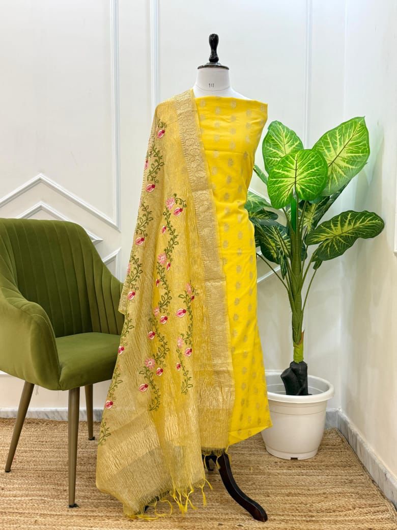 Yellow Pure Mercerised Zari Booti with Embroidery Tissue Dupatta Banarasi Suit Set 1200SKL_PME11