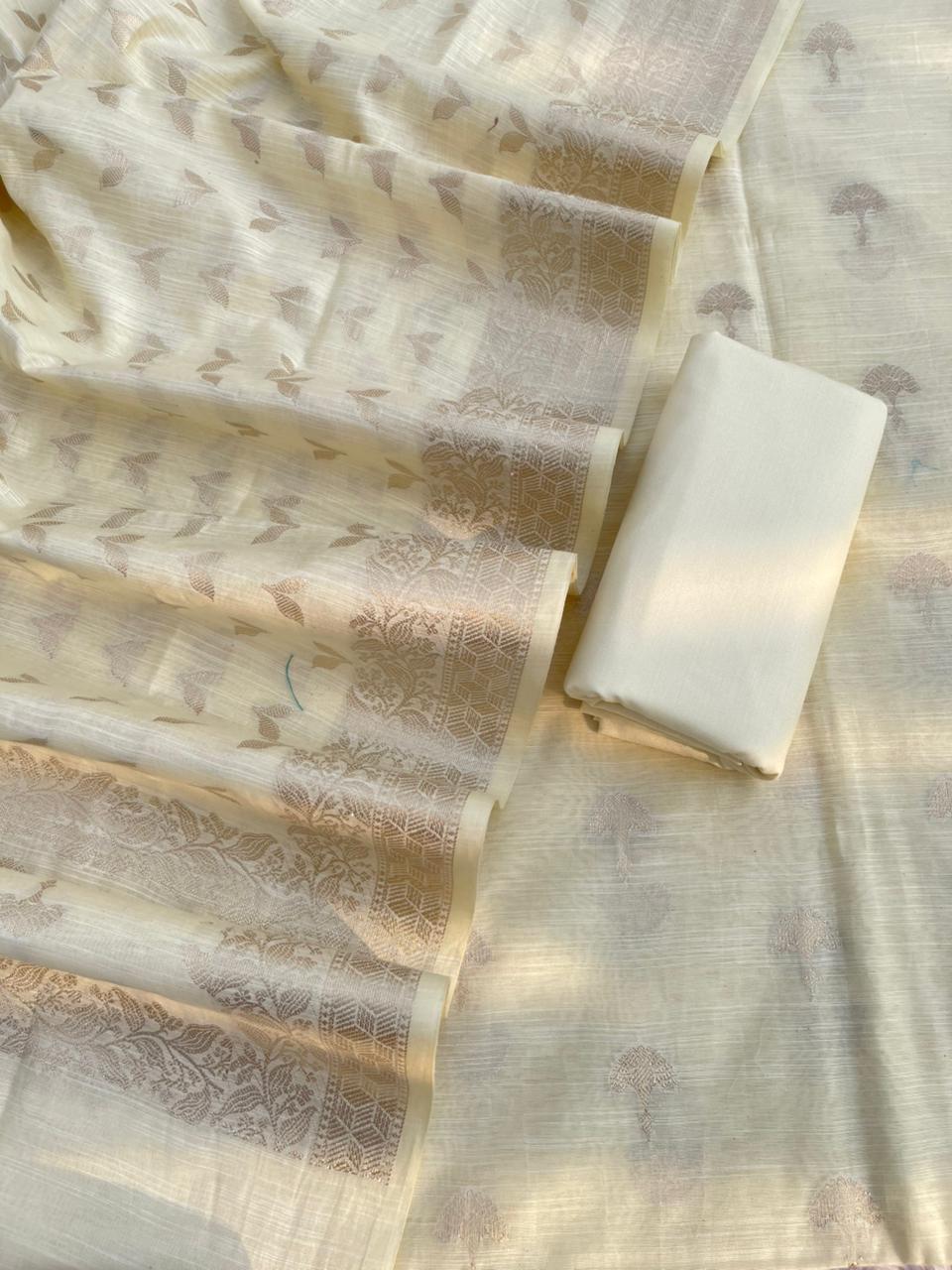 Cream Cotton Linen Floral Zari Booti Banarasi Suit with Patti Booti Dupatta 120DAN_CL7