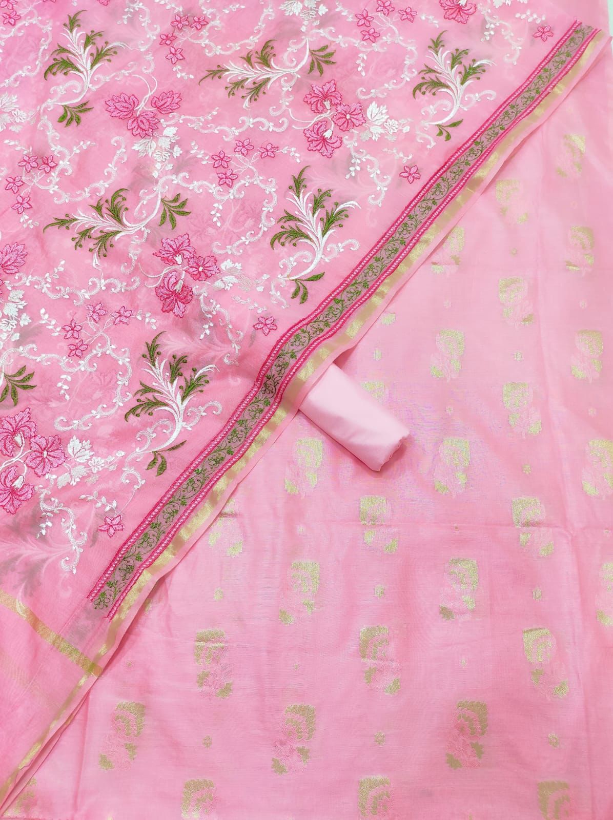 Pink Pure Mercerised Resham Mina Embroidery Dupatta Banarasi Suit Set 1250SKL_RM1