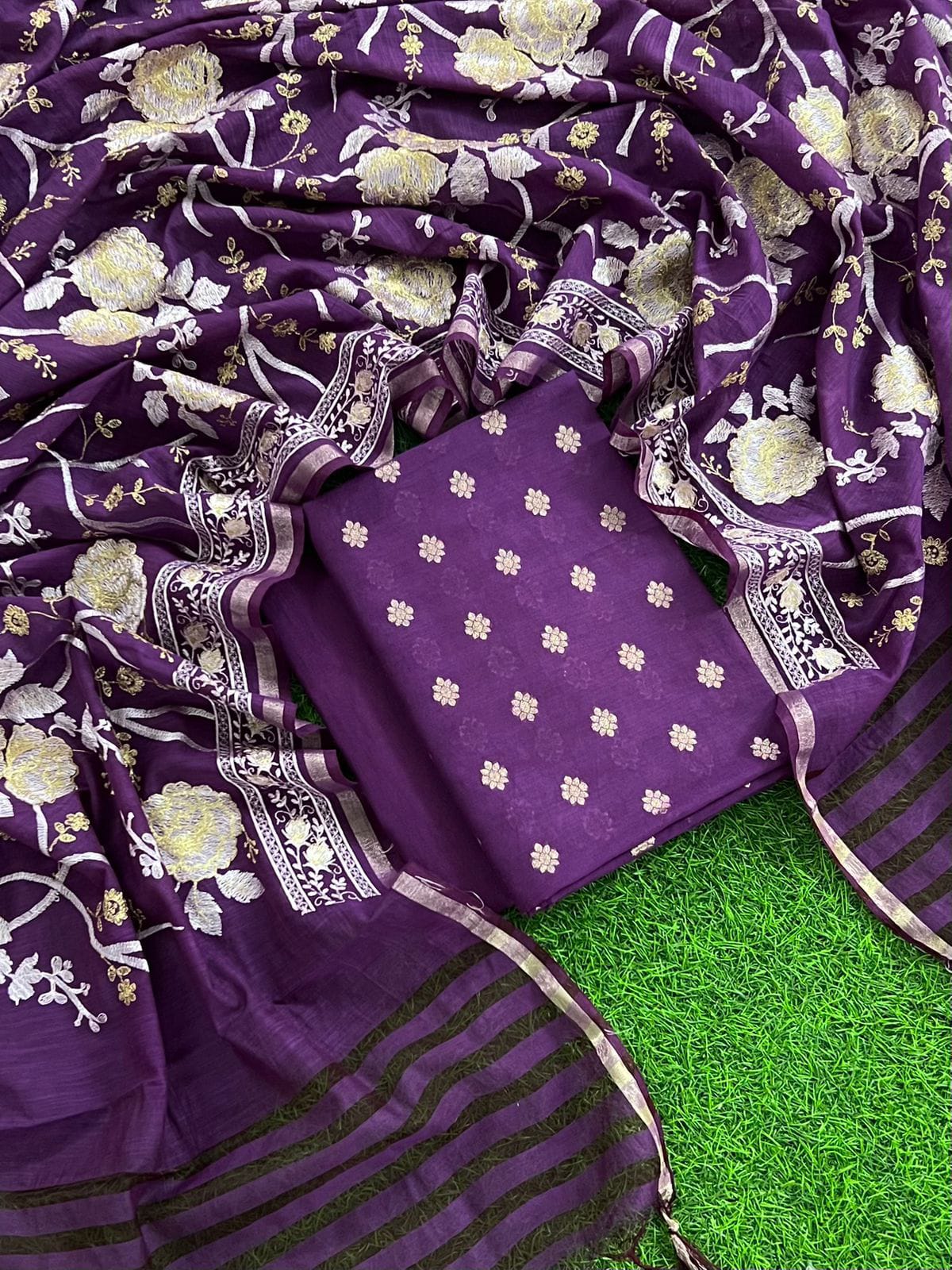Pure Mercerized Purple Floral Booti Banarasi Suit with Heavy Thread work Jaal Dupatta 1250SKL_PME10