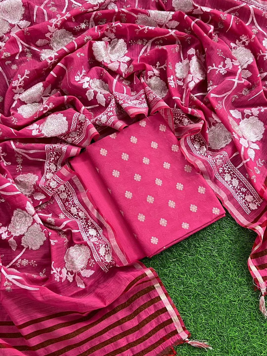 Pure Mercerized Pink Floral Booti Banarasi Suit with Heavy Thread work Jaal Dupatta 1250SKL_PME5