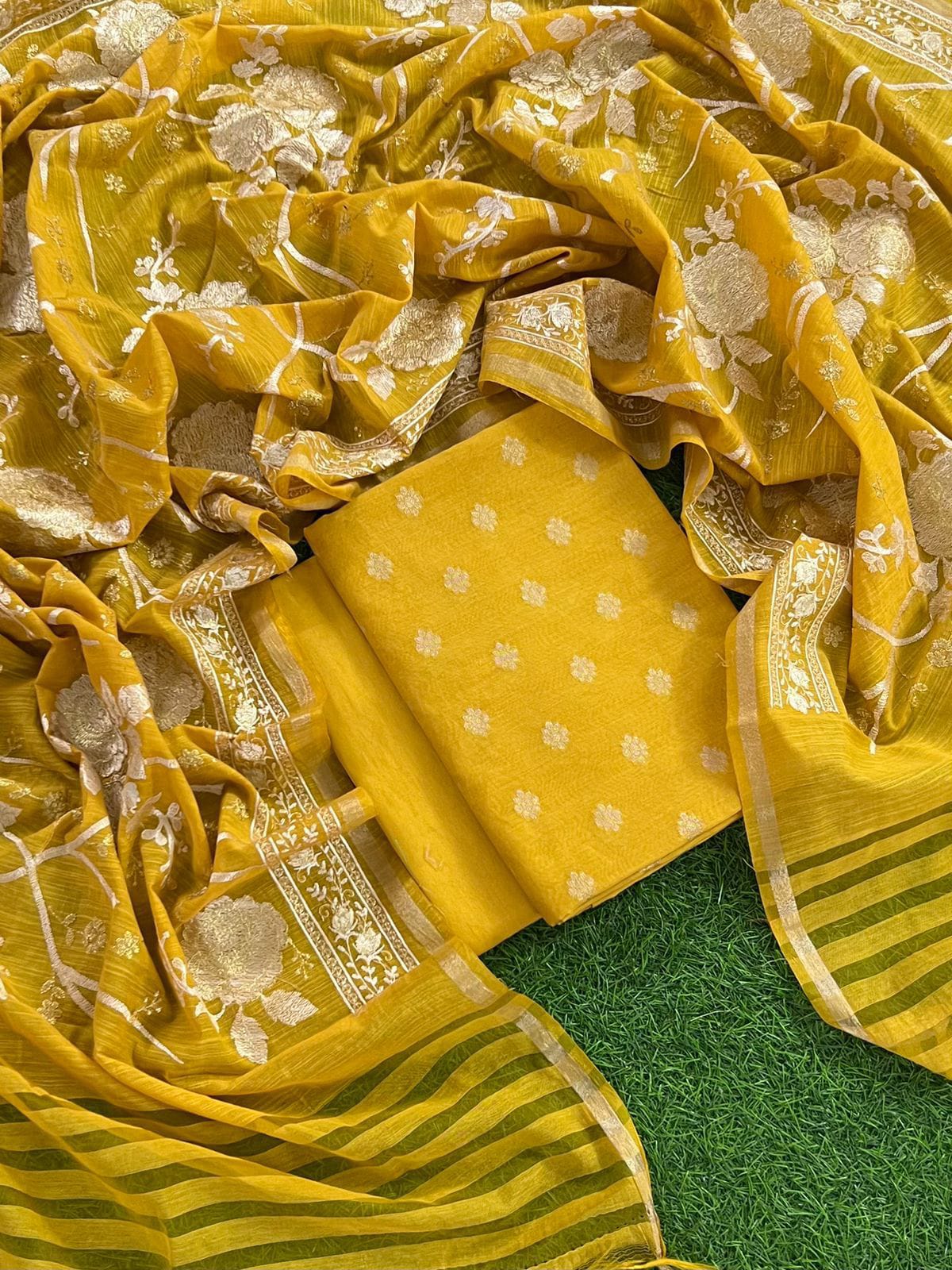 Pure Mercerized Yellow Floral Booti Banarasi Suit with Heavy Thread work Jaal Dupatta 1250SKL_PME7