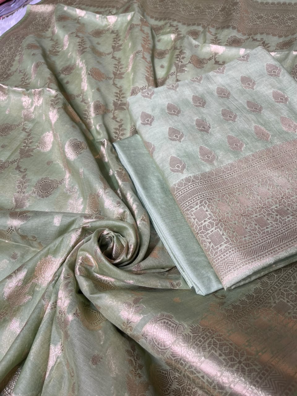 Pista Green Semi Chiniya Silk Floral Zari Booti Banarasi Suit with Lehriya Jaal Dupatta 125DAN_SC6