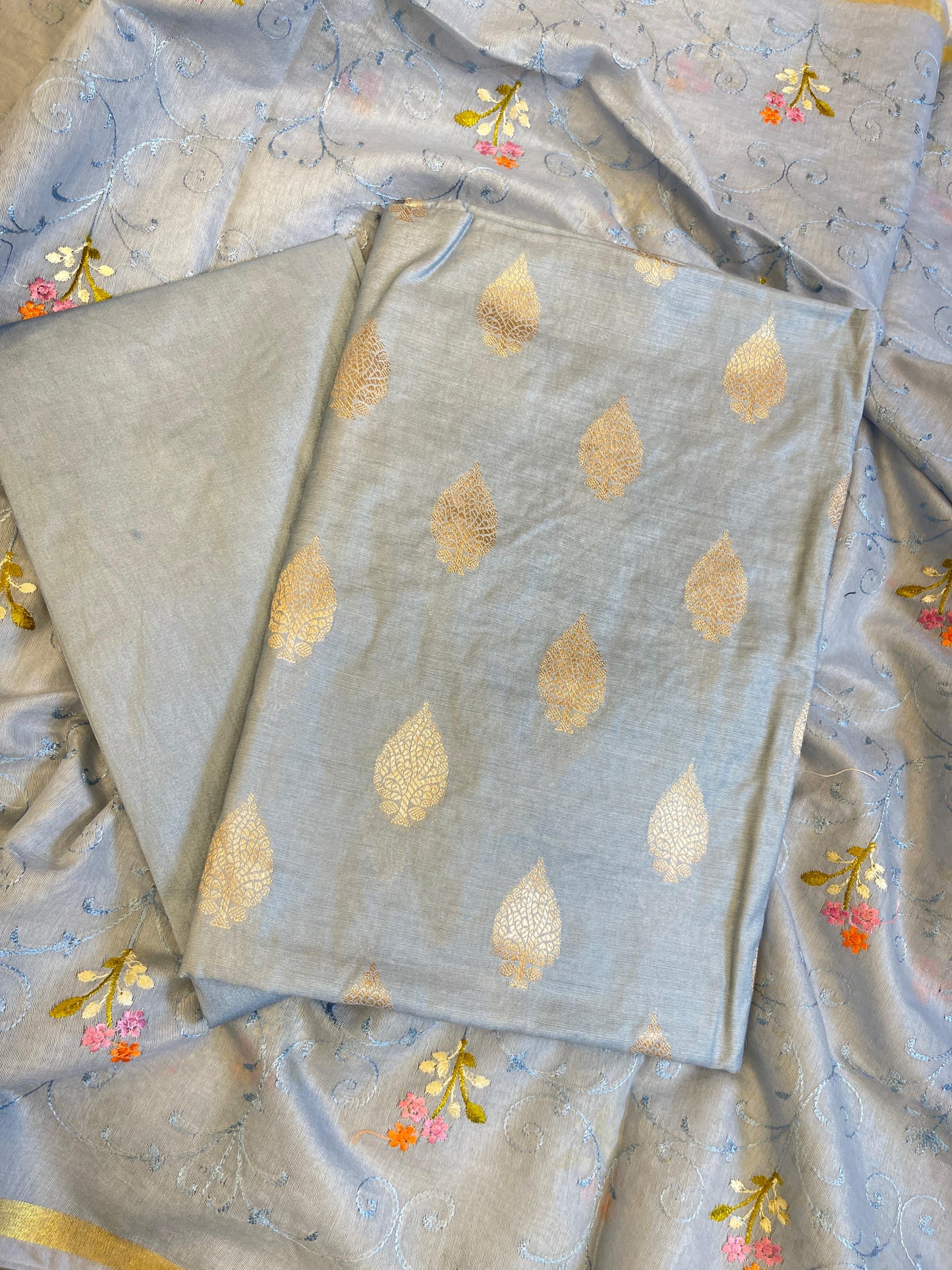 Grey Cotton Dyable Floral Zari Booti with Embroidery Resham Dupatta Banarasi Suit 125IM_DCS22