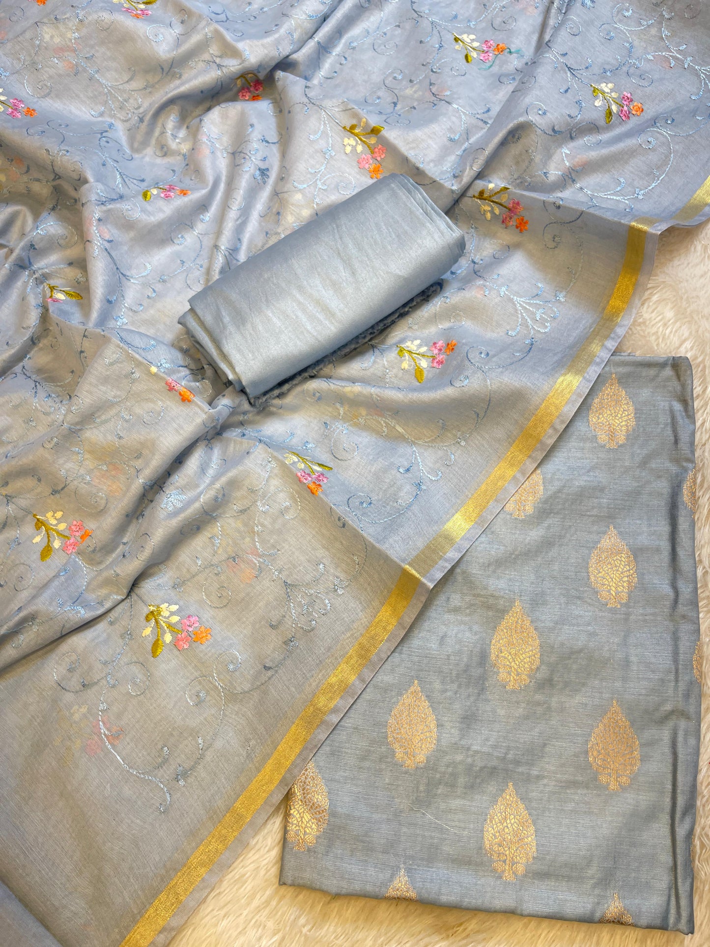 Grey Cotton Dyable Floral Zari Booti with Embroidery Resham Dupatta Banarasi Suit 125IM_DCS22