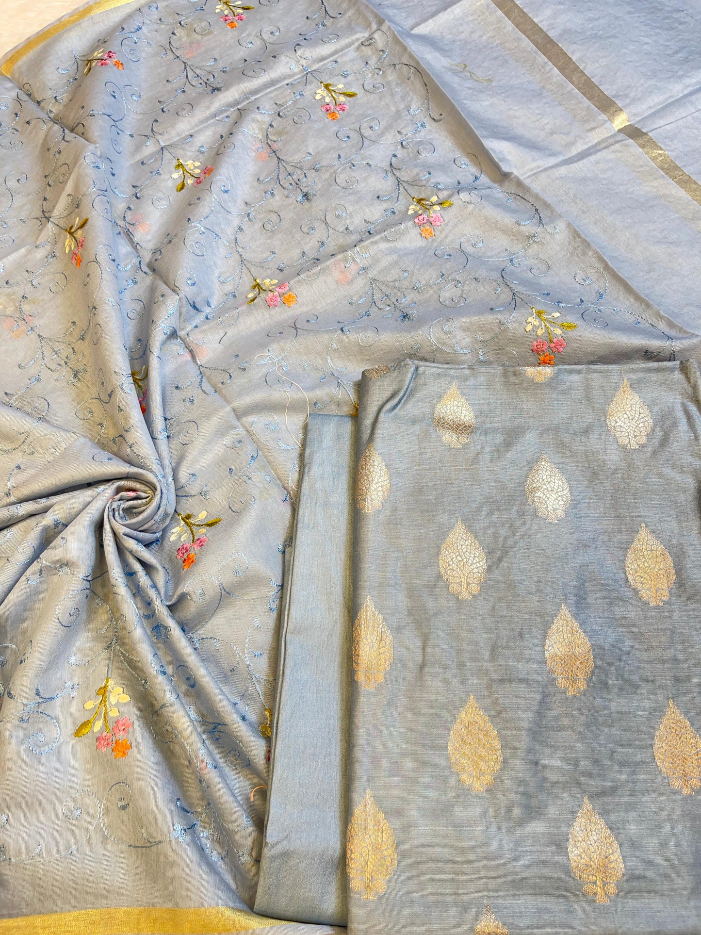 Grey Cotton Dyable Floral Zari Booti with Embroidery Resham Dupatta Banarasi Suit 125IM_DCS22