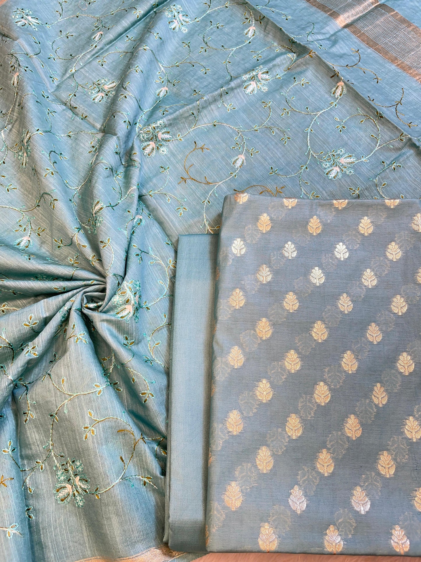 Light Blue Mercerise Cotton Floral Zari Booti with Embroidery Dupatta Banarasi Suit 125IM_PCME4