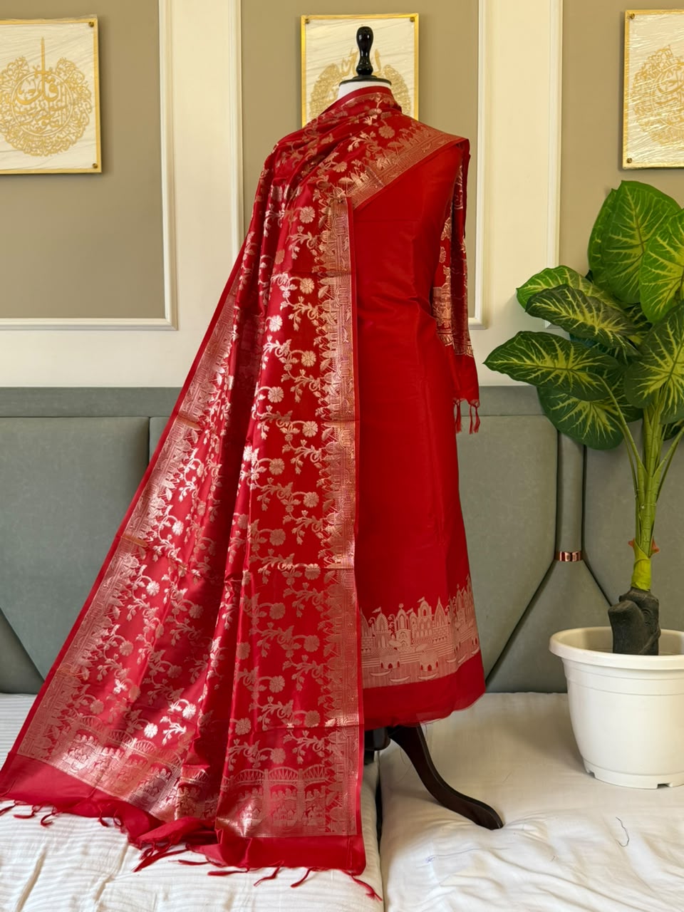 Classic Red Silk Zari Temple Daman Banarasi Suit With Floral Zari Jaal Dupatta 125PNJ_SL6