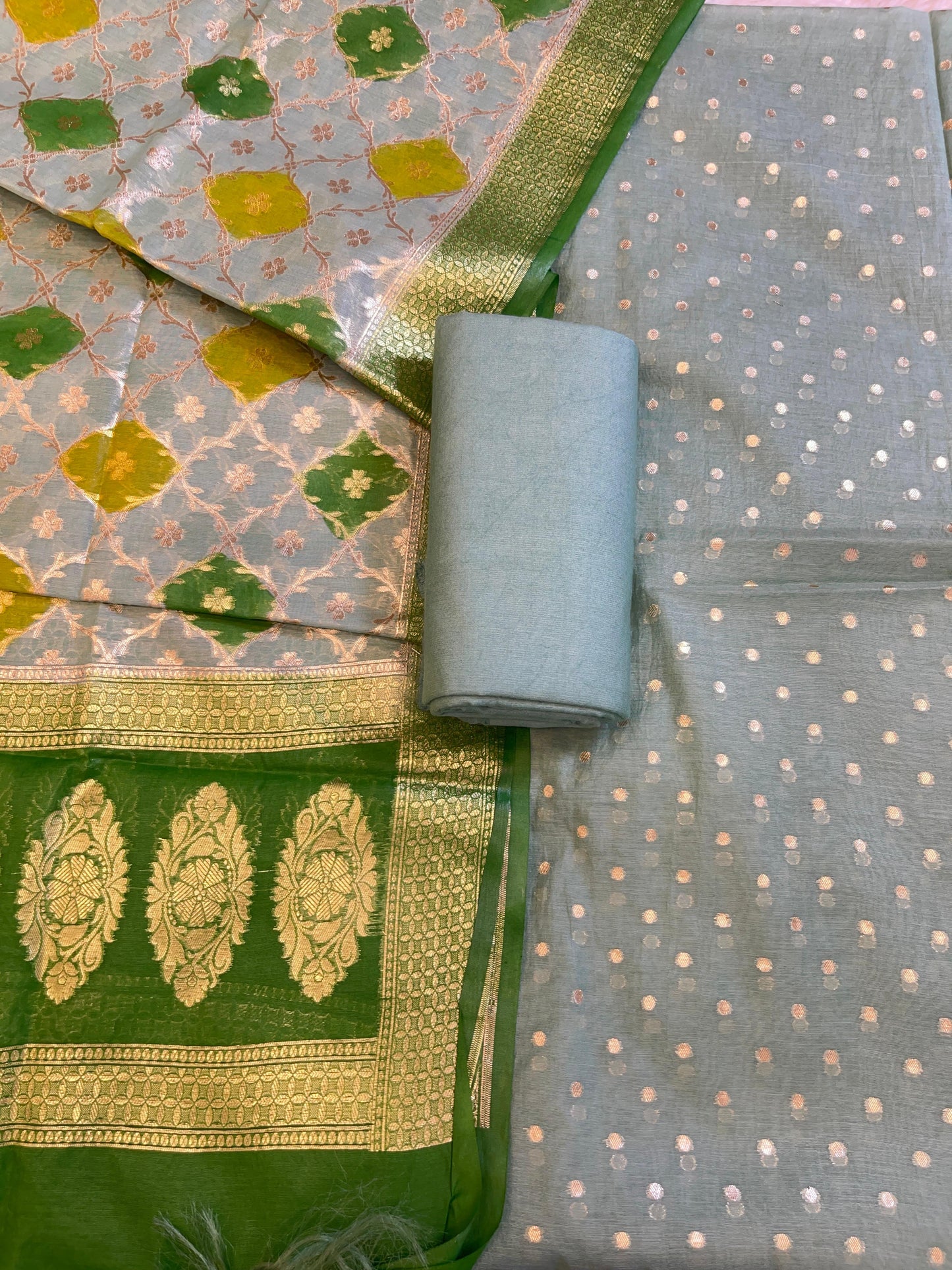 Seagreen Mercerise Silk Chunri Zari Booti Banarasi Suit with Rangkaat Dupatta 125SKL_MSRS2