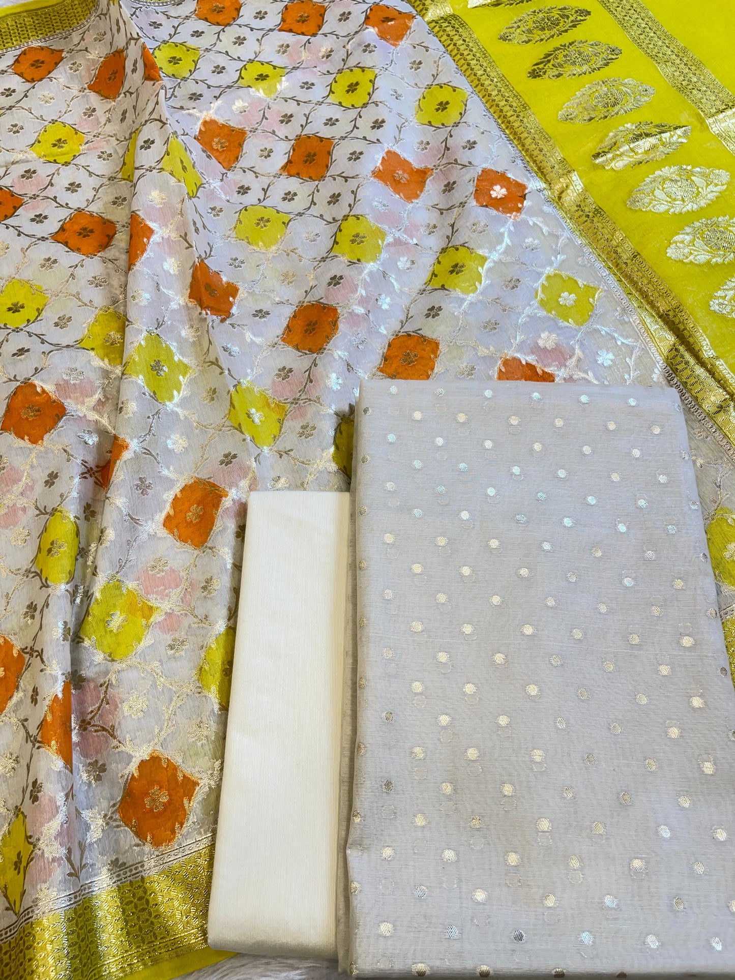 Off white Mercerise Silk Chunri Zari Booti Banarasi Suit with Rangkaat Dupatta 125SKL_MSRS5
