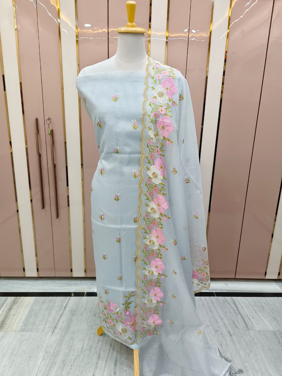 Light Blue Kota Check Multi Resham Embroidery Banarasi Suit with Cutwork Dupatta 12JJ_KC11