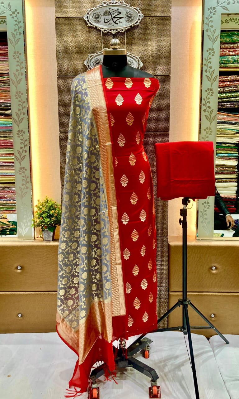 Red Pure Mercerise Floral Zari Booti with Lorex weave Grey Dupatta Suit Set 12SKL_PML23