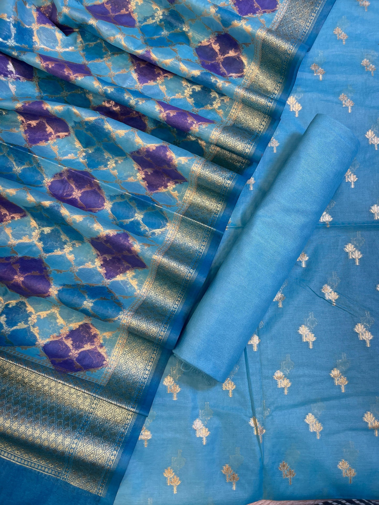 Sky Blue Pure Cotton Lorex weave Dual Zari Booti Banarasi Suit 1300IM_PCL11