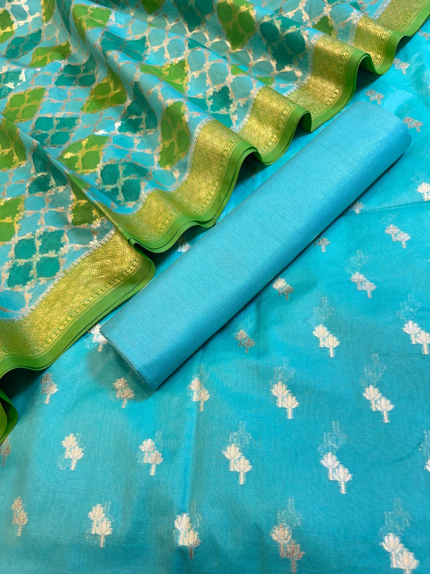 Seagreen Pure Cotton Lorex weave Dual Zari Booti Banarasi Suit 1300IM_PCL18