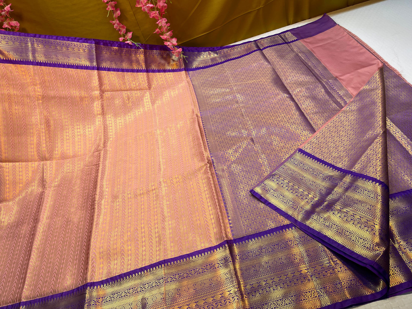 Peach Semi Kanchi Silk Stripe Zari Contrast Blue Border Banarasi Saree MS_SK45