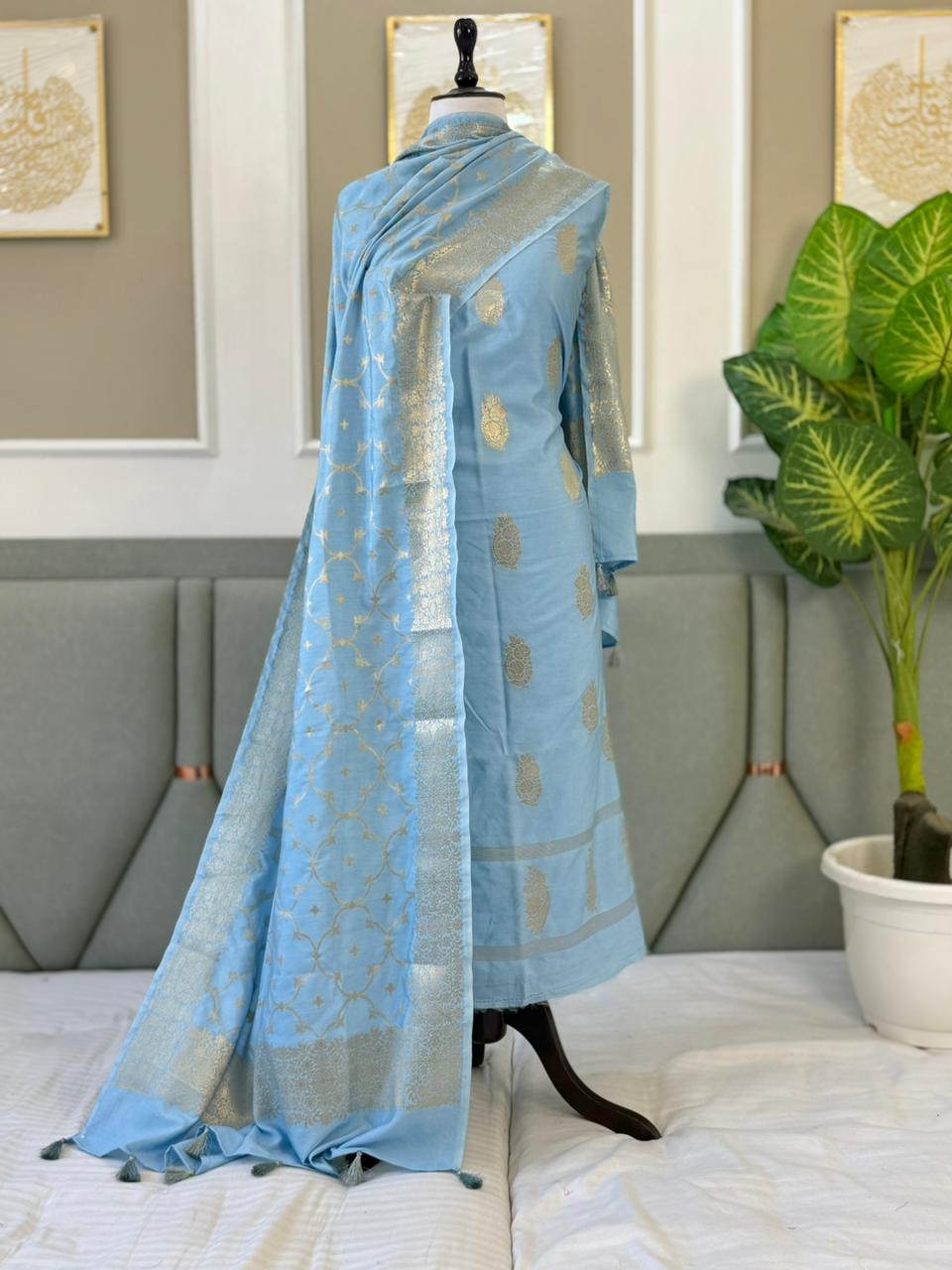 Sky Blue Dupion Silk Zari Boota Banarasi Suit With Zari Jaal Dupatta 130PNJ_DP1