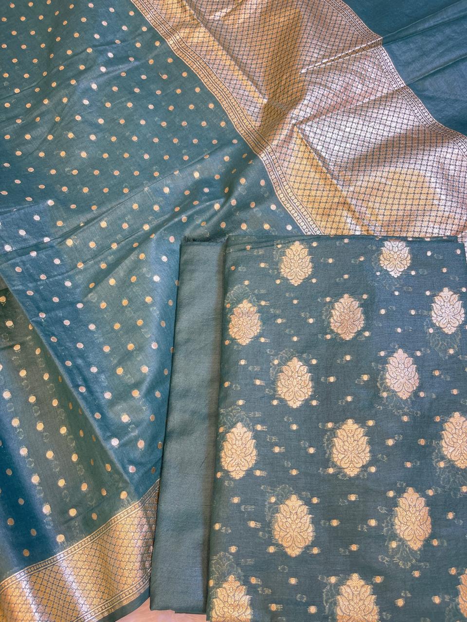 Dark Green Pure Cotton Self Design Banarasi 3 pcs Suit Set 13IM_PCSD7