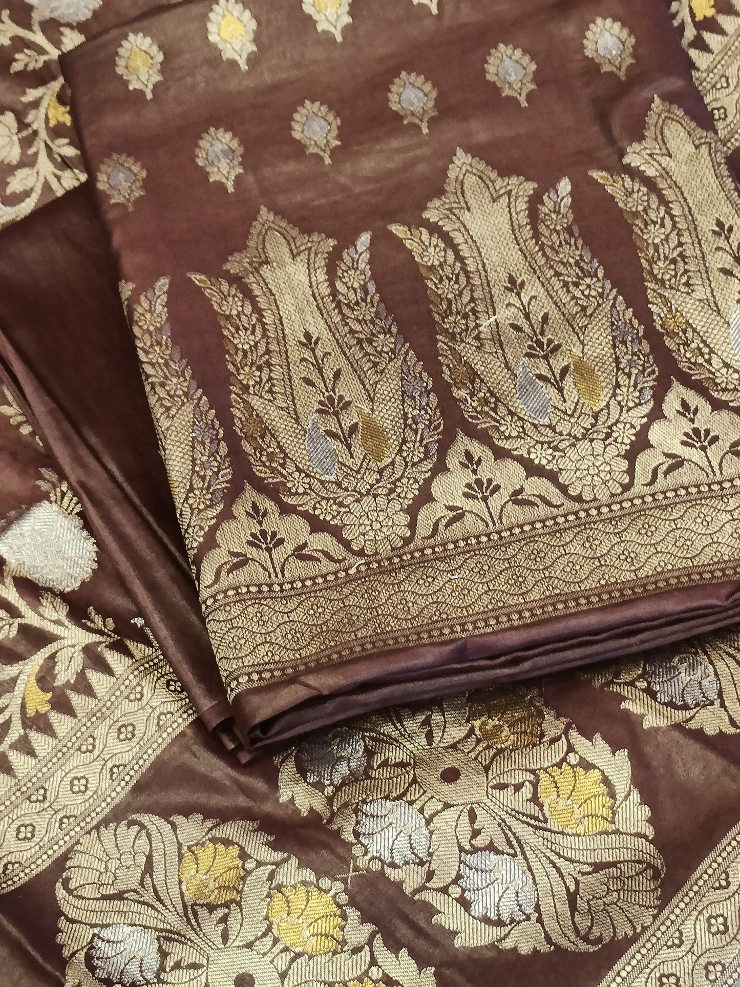 Brown Cotton Dyable Alfi Zari Booti Banarasi Suit with Floral Zari Jaal Banarasi Suit 13SHL_DAS1