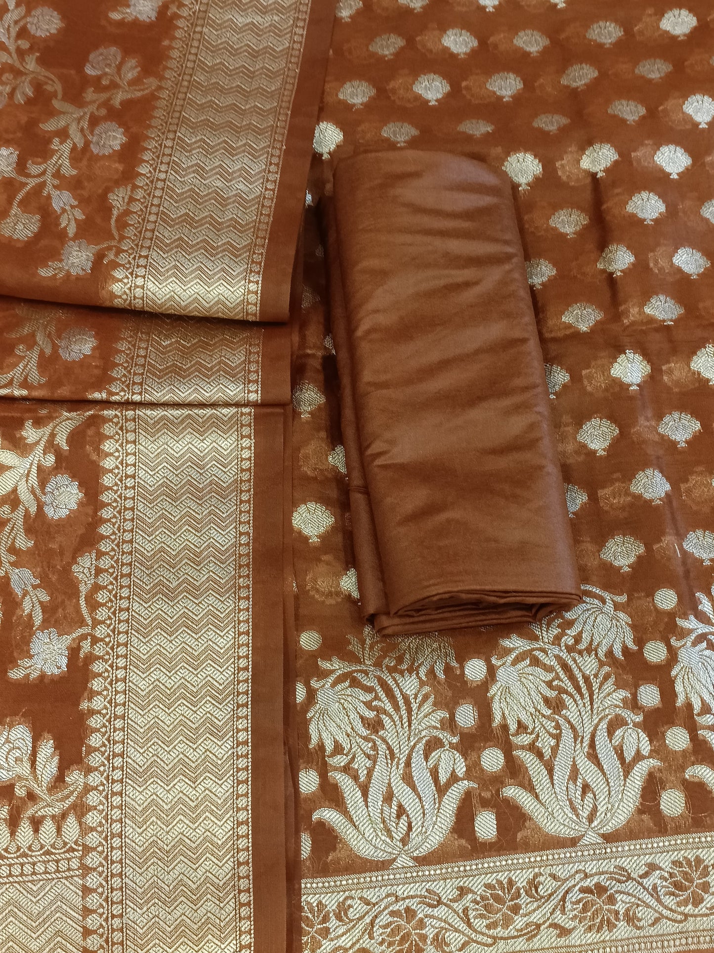Brown Cotton Dyable Alfi Zari Booti Banarasi Suit with Floral Zari Jaal Banarasi Suit 13SHL_DAS8