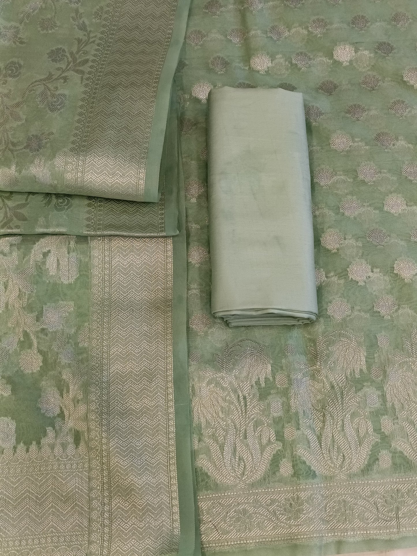 Pista Green Cotton Dyable Alfi Zari Booti Banarasi Suit with Floral Zari Jaal Banarasi Suit 13SHL_DAS9