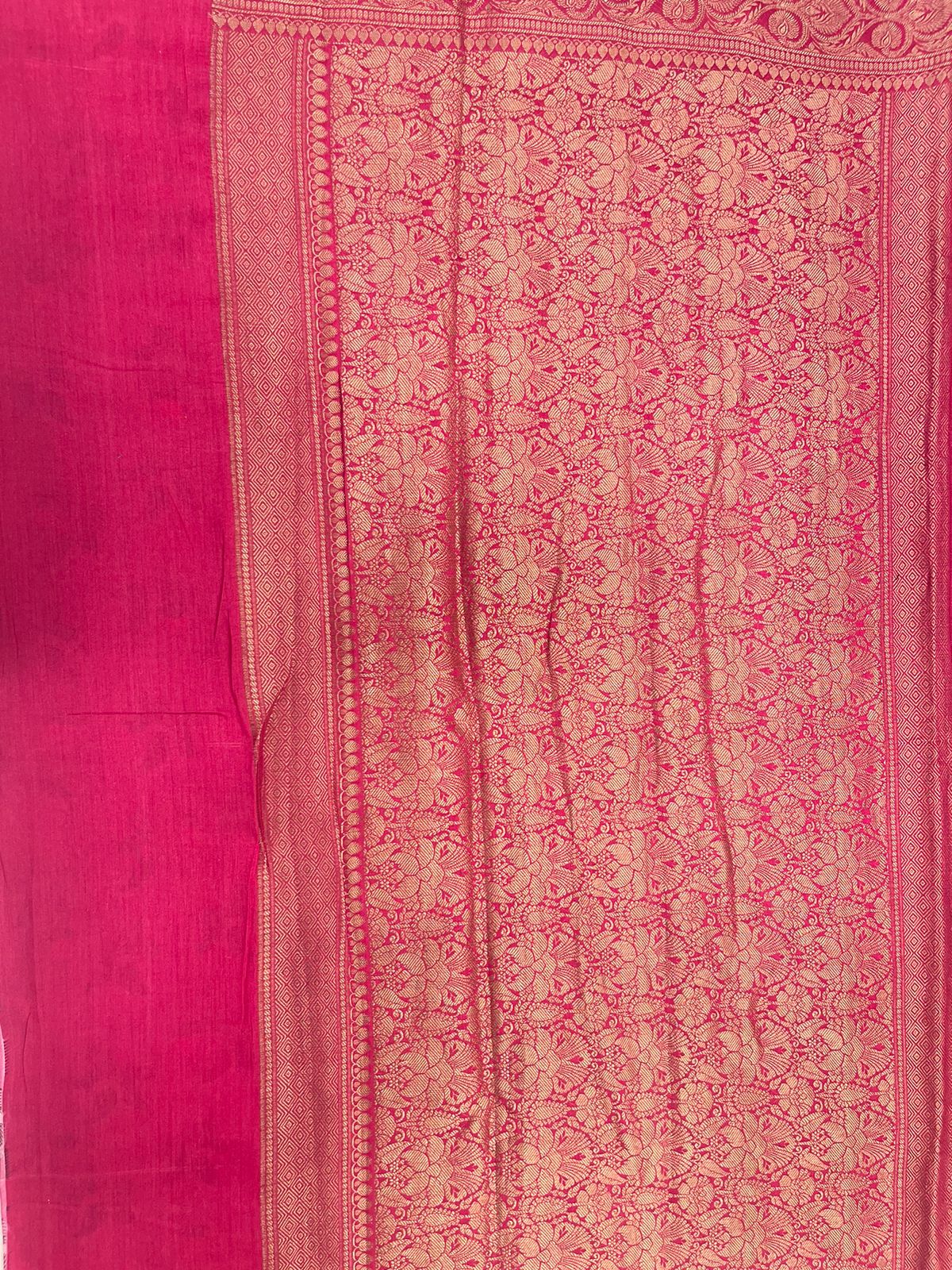 Faishana Pure Silk Handloom Pink Katan Georgette Digital Printed Zari Floral Jaal Kadhwa Banarasi Border with Pink Blouse.