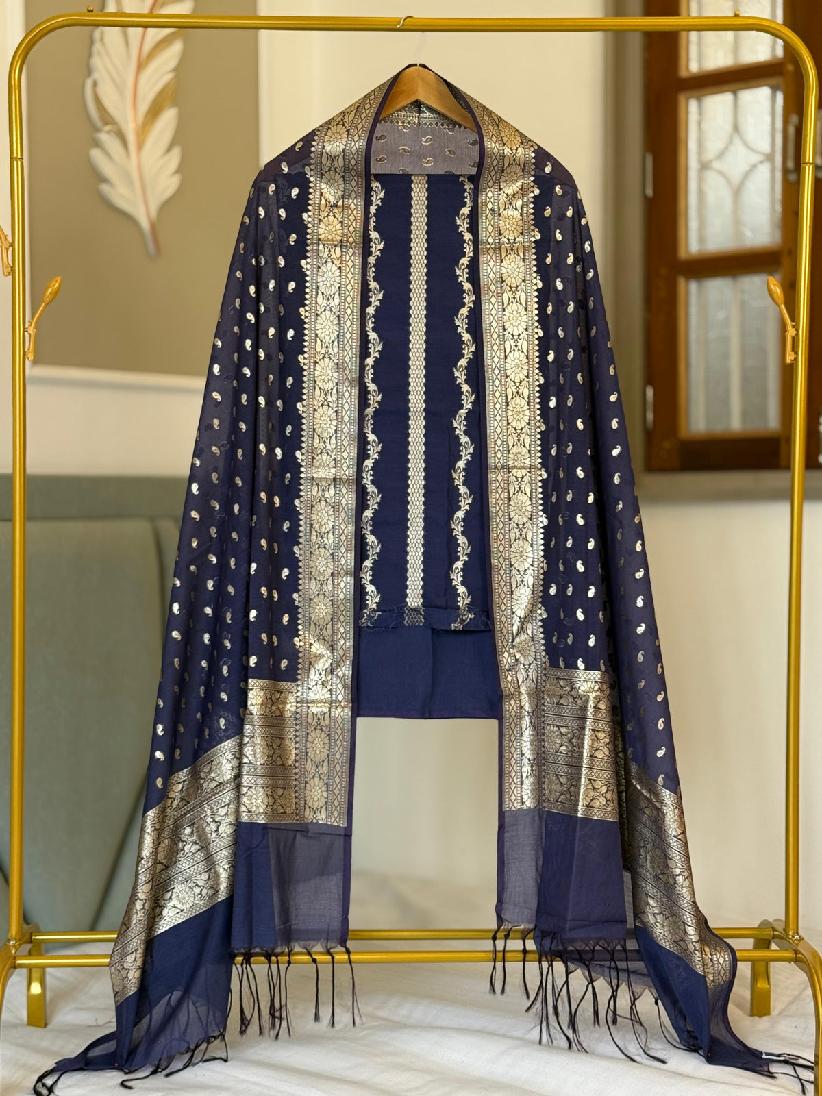 Navy Blue Mal Chanderi Lorex Zari Booti Banarasi Suit With Chanderi Weave Dupatta 150PNJ_MCL2
