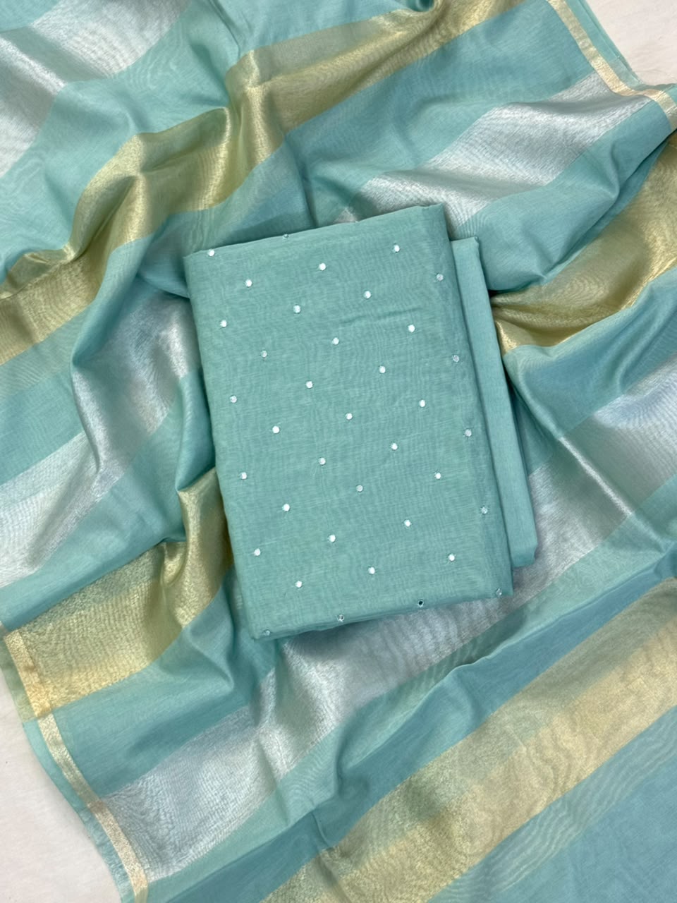 Light Seagreen Mal Chanderi Mirror Work Booti Banarasi Suit With Stripe Dupatta 150PNJ_MR2