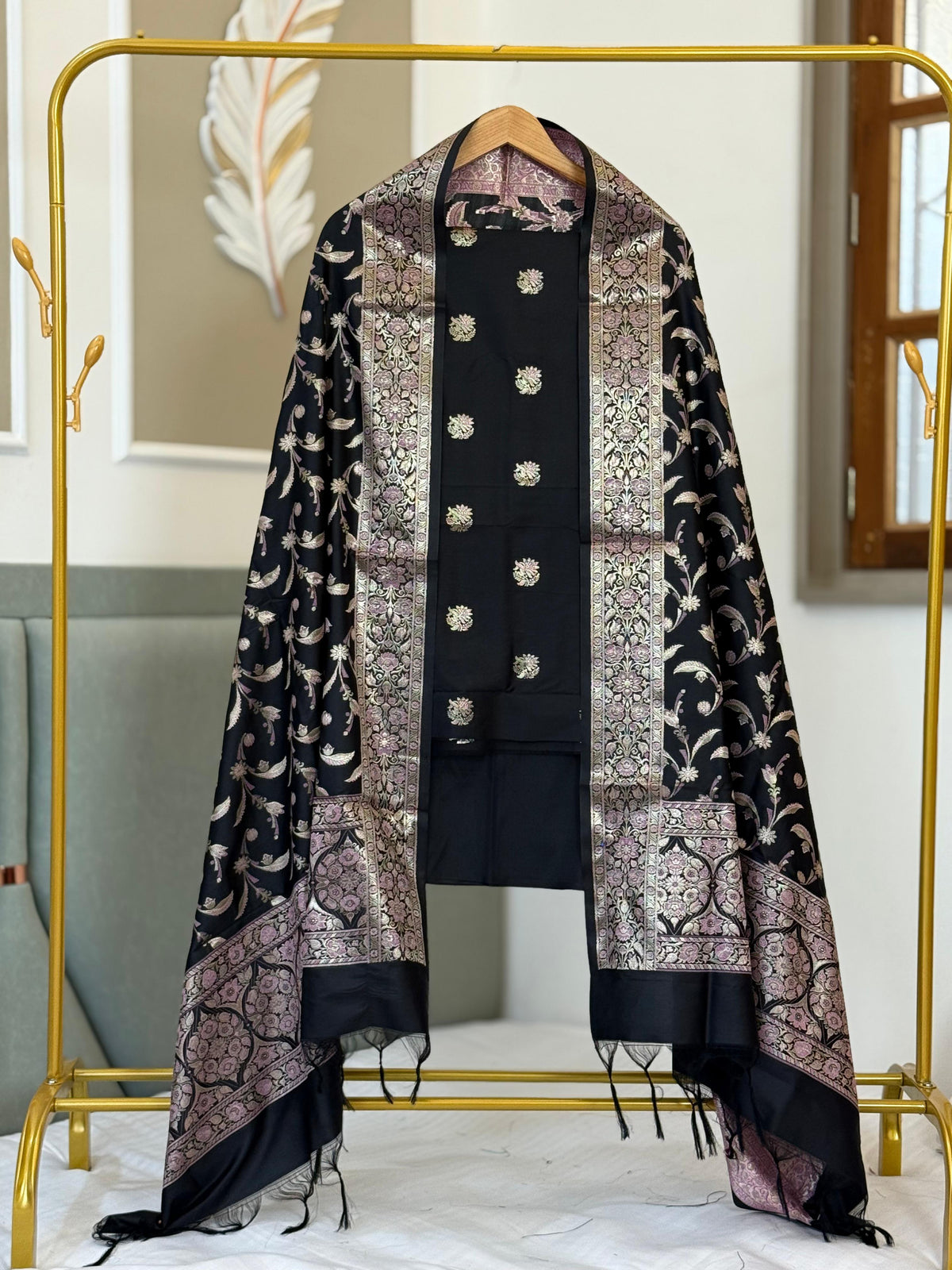 Black Katan Silk Alfi Zari Booti Banarasi Suit With Floral Jaal Dupatta 150PNJ_SA4