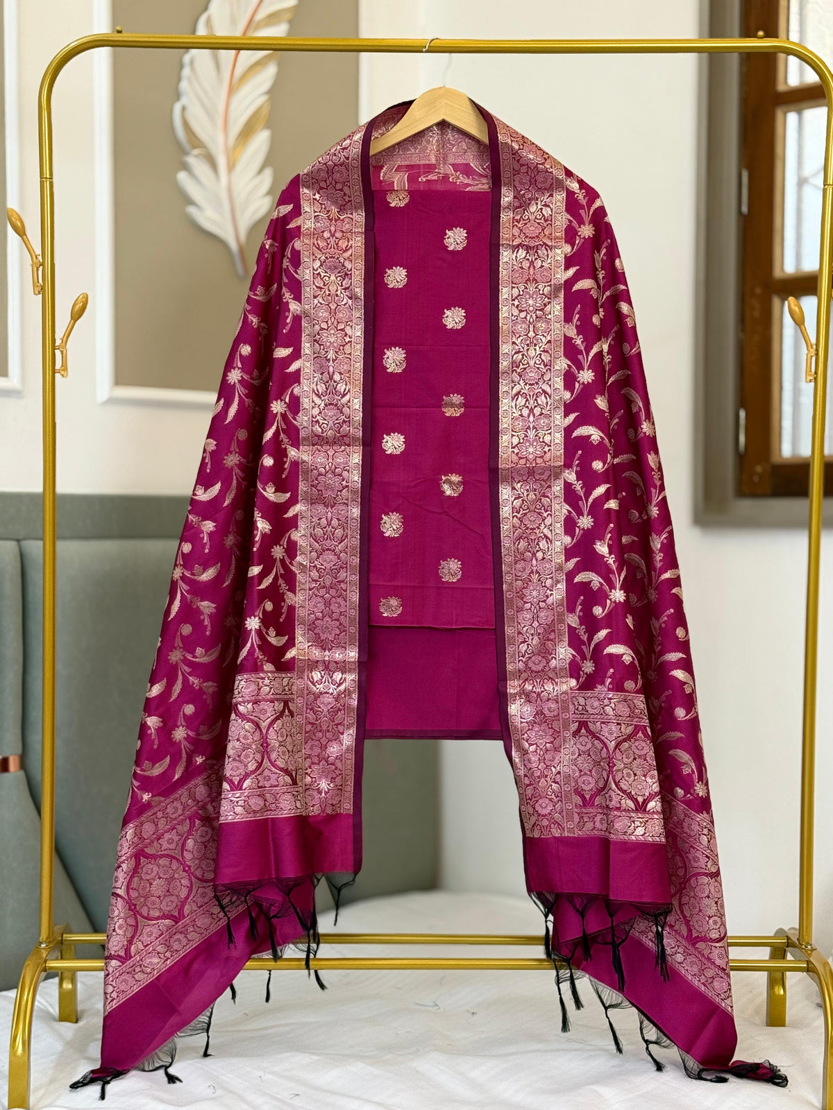 Pink Katan Silk Alfi Zari Booti Banarasi Suit With Floral Jaal Dupatta 150PNJ_SA6