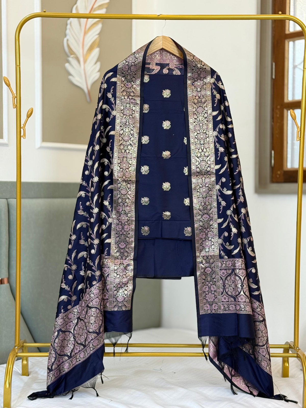 Navy Blue Katan Silk Alfi Zari Booti Banarasi Suit With Floral Jaal Dupatta 150PNJ_SA8