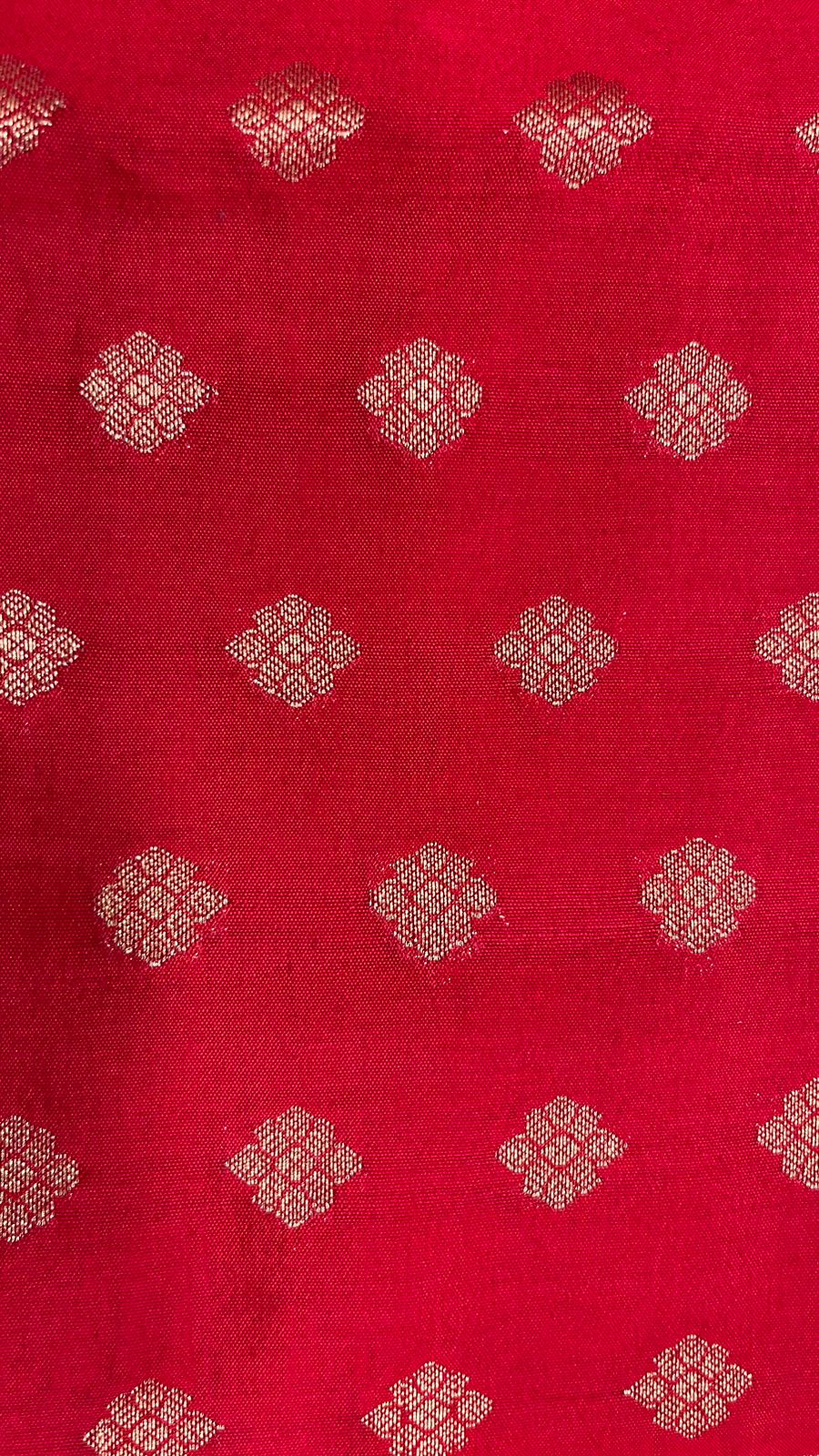 Regal Elegance: Faishana's Exquisite Pure Silk Handloom Red Chiniya Silk Saree with Gold Zari Booti & Tilfi Anchal with Tilfi Zari Border and with Red Blouse
