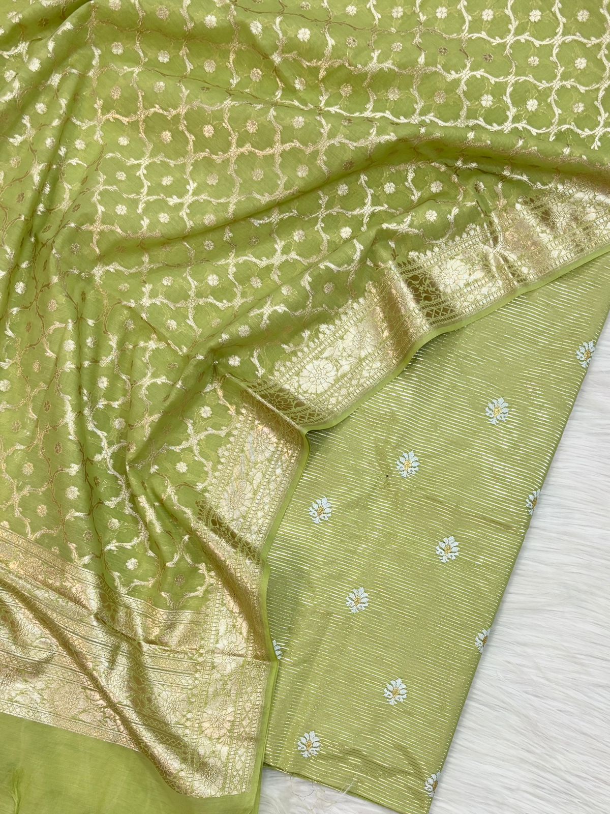 Pista Green Chanderi Lorex Stripe Embroidery Booti Banarasi Suit With Alfi Zari Jaal Dupatta 160PNJ_CHL1