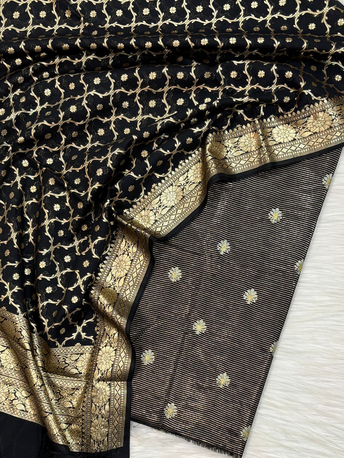 Black Chanderi Lorex Stripe Embroidery Booti Banarasi Suit With Alfi Zari Jaal Dupatta 160PNJ_CHL5