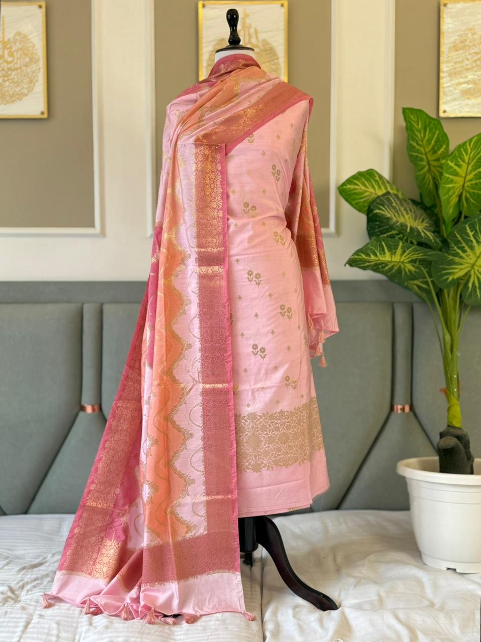 Pink Dupion Silk Floral Zari Booti Banarasi Suit with Rangkaat Dupatta 160PNJ_DP5