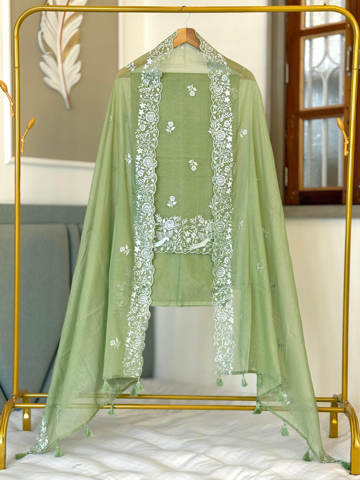 Light Green Mal Chanderi Banarasi Suit With Embroidery Booti & Daman Border Dupatta 180PNJ_MCP1