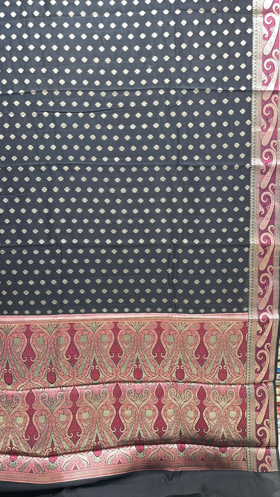 Classic Elegance: Faishana's Pure Silk Handloom Black Chiniya Silk with Gold Zari Booti and Tilfi Anchal Zari Border with Black Blouse Piece