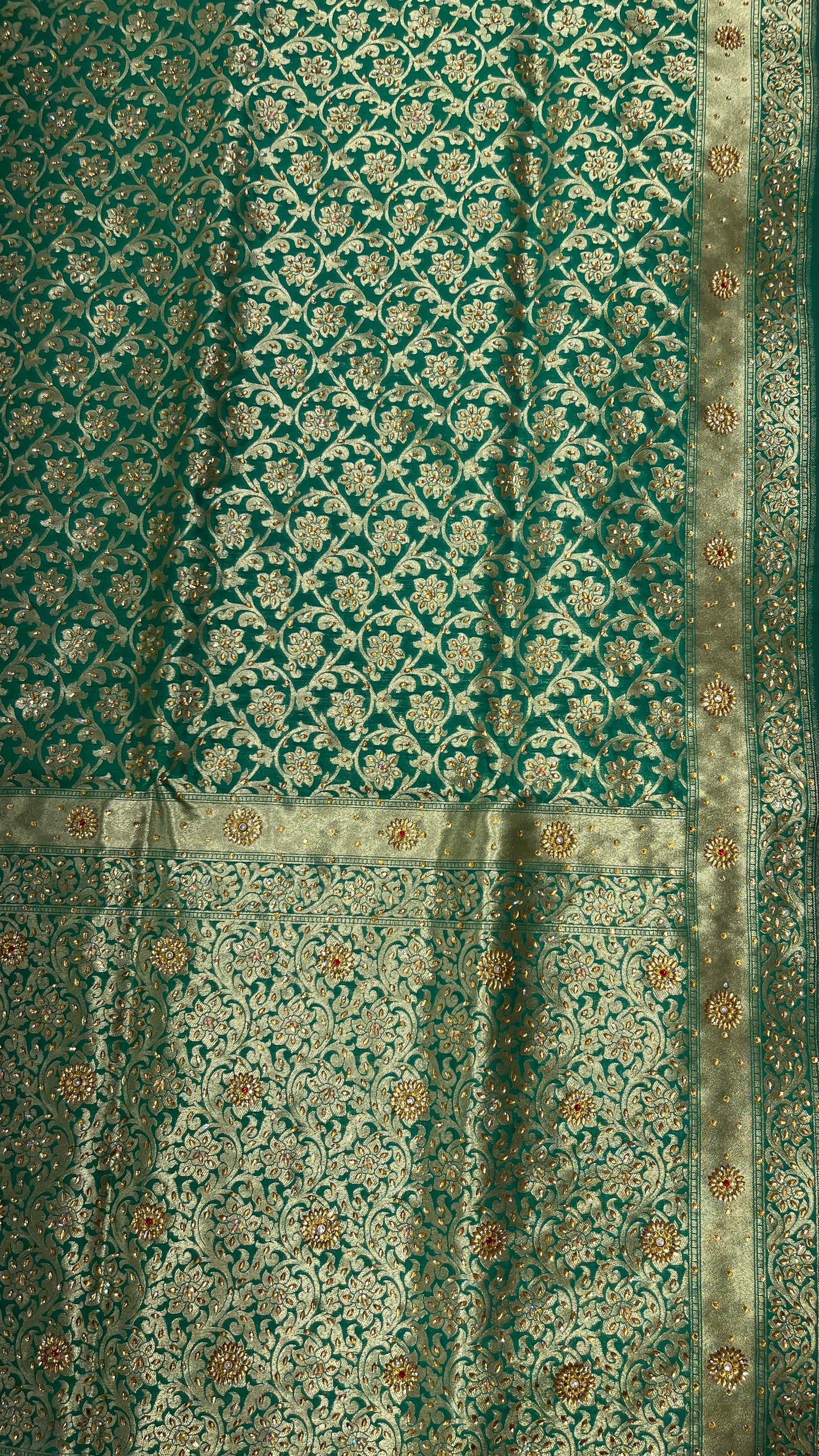 Faishana Presents a Green Satin Silk Stone Work Golden Zari Floral Jaal with Lehariya Jaal Pallu Zari Border Banarasi Saree and Green Blouse