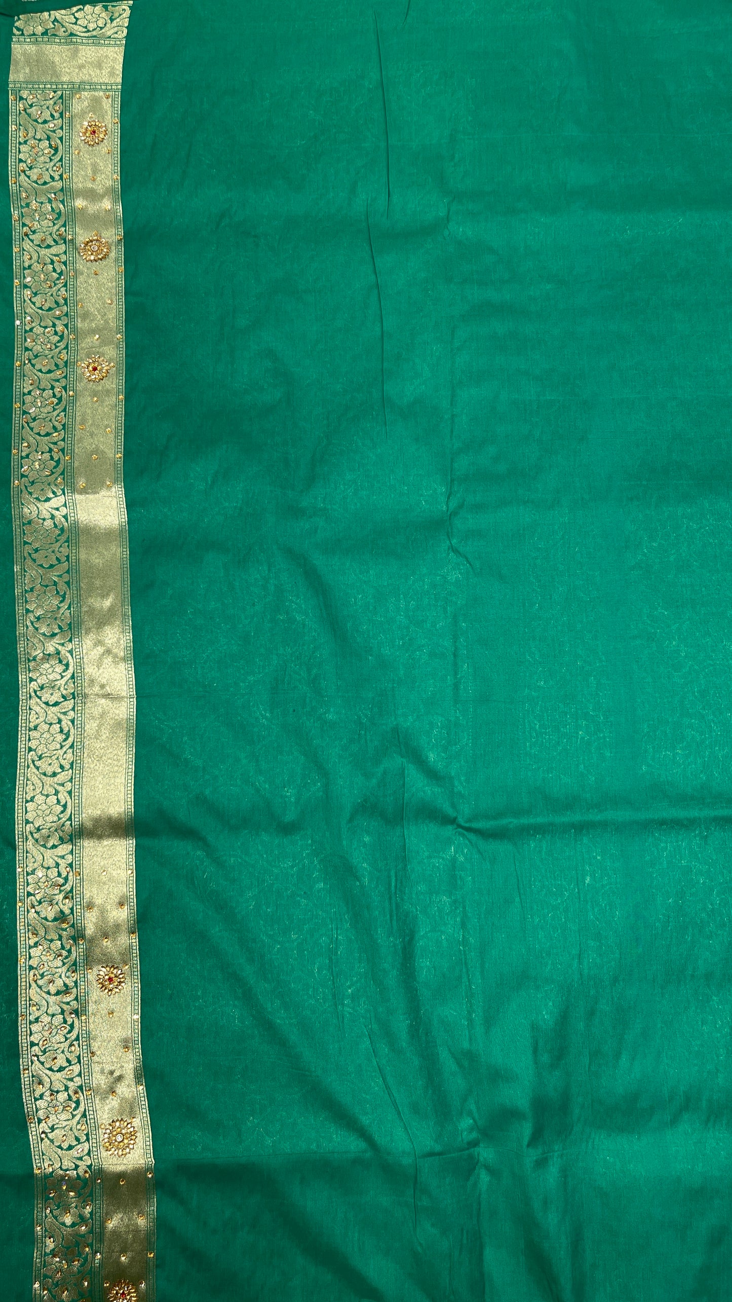 Faishana Presents a Green Satin Silk Stone Work Golden Zari Floral Jaal with Lehariya Jaal Pallu Zari Border Banarasi Saree and Green Blouse