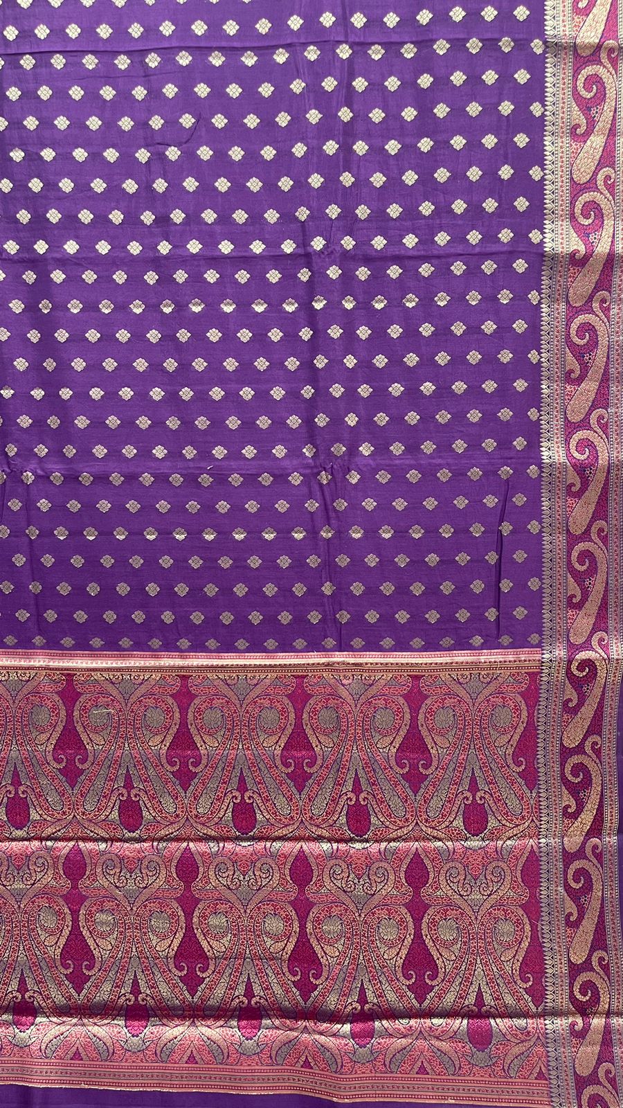 Regal Radiance: Faishana Pure Silk Handloom Purple Chiniya Silk Gold Zari Booti and Tilfi Anchal with Tilfi Zari Border Purple Blouse Piece