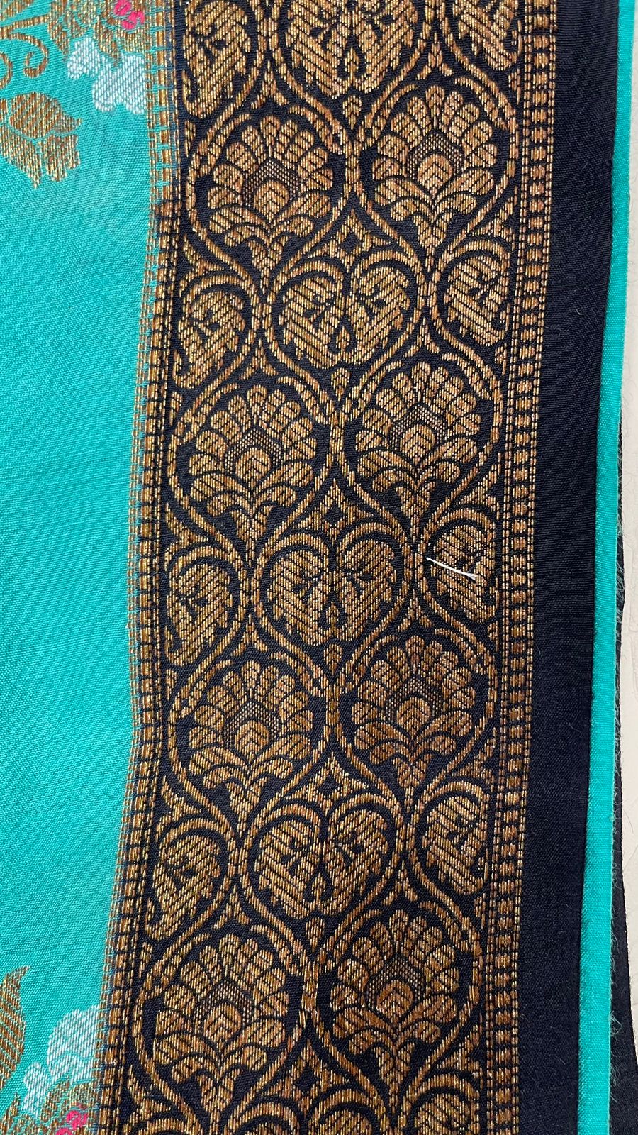 Faishana Pure Silk Handloom Sea Green Muga Silk Zari Mina Floral Booti Contrast Navy Blue Anchal Copper Zari Border Banarasi Saree with Navy Blouse