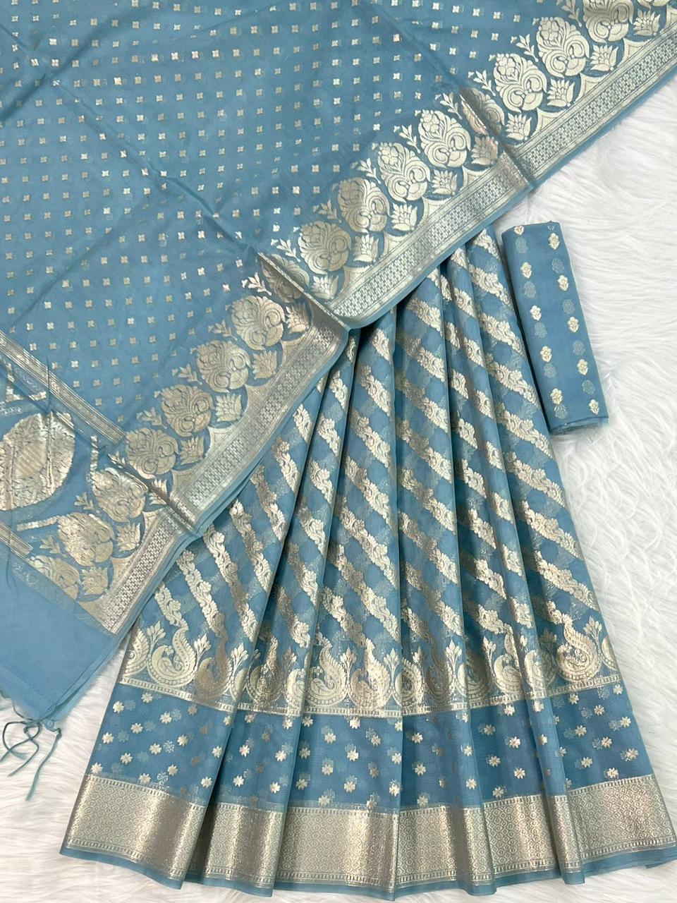 Powder Blue Chanderi Lorex Zari Weave Lehenga With Traditional Paisley Border & Dupatta 250PNJ_LNG13