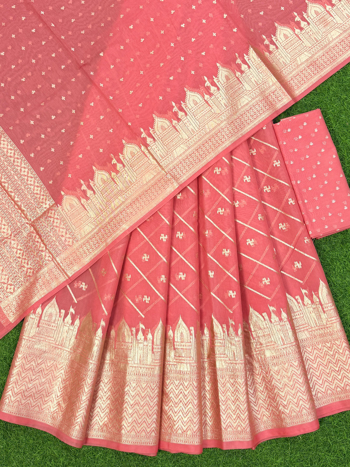 Pink Chanderi Lorex Ghat Border Lehenga With Chunri Blouse & Dupatta 250PNJ_LNG2