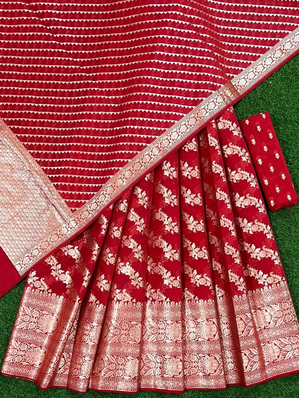 Red Chanderi Lorex Weave Floral Jaal Lehenga Set With Leheriya Dupatta 250PNJ_LNG31