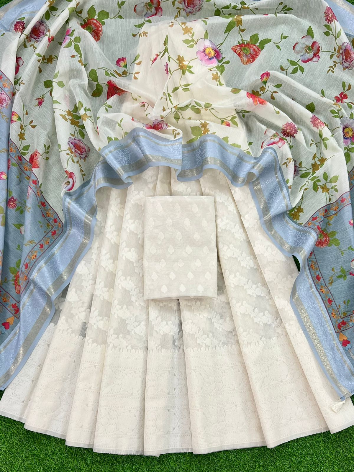 Off-White Chanderi Lorex Zari Lehenga And Floral Booti Blouse With Printed Powder Blue Dupatta Set 250PNJ_LNG6