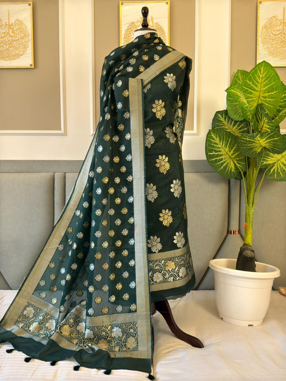 Dark Green Tussar Silk Alfi Mina Sona Roopa Boota Banarasi Suit With Floral Booti Dupatta 260PNJ_TS5