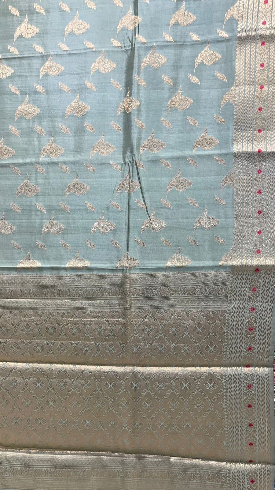 Elegant Faishana Pure Silk Handloom Light Green Chiniya Silk with Gold Zari Floral Booti and Minakari Border & Light green Blouse Piece