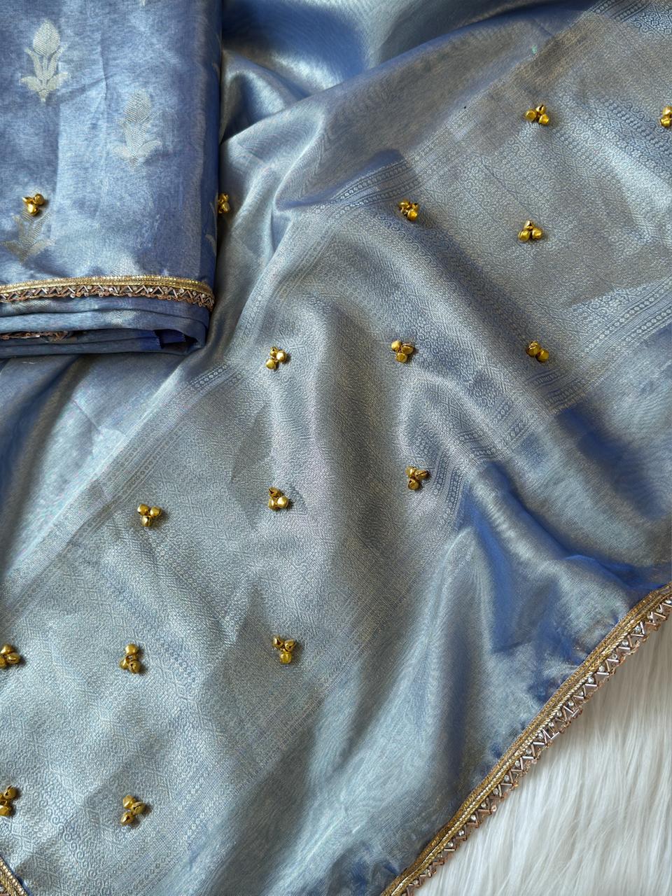 Light Blue Tissue Silk Floral Zari Booti Ghungroo work with Lace Border Banarasi Suit 270PNJ_TSG1