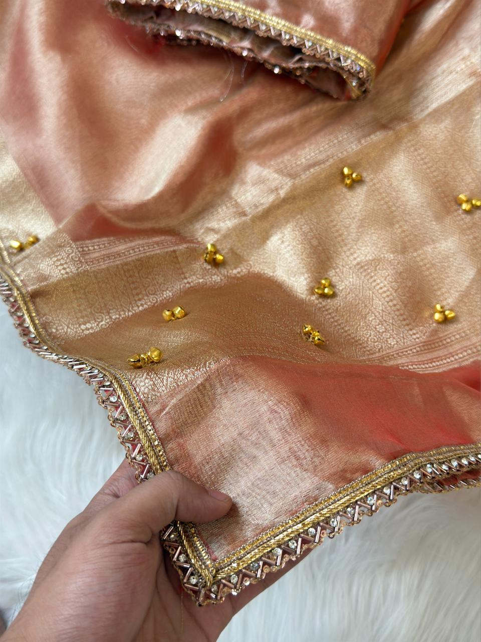 Peach Tissue Silk Floral Zari Booti Ghungroo work with Lace Border Banarasi Suit 270PNJ_TSG3