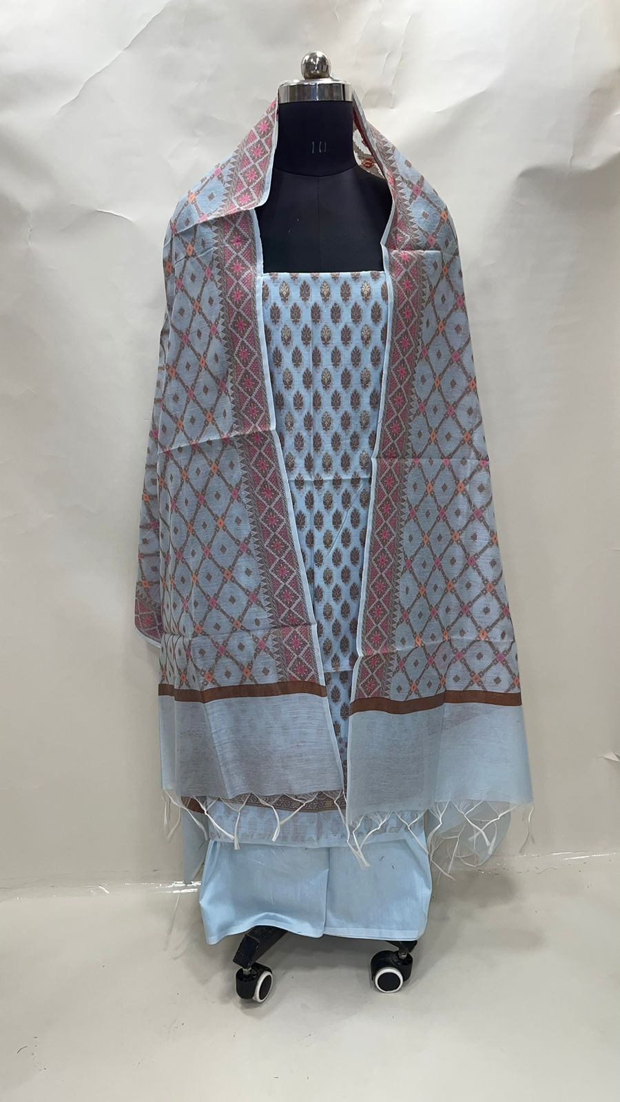 Faishana Presents Sky Blue Cotton Resham Copper Zari 3pcs Suit Set accompanied with Plain Bottom and Top Copper Zari Booti with Sky Blue Mina Barfi Jaal Dupatta