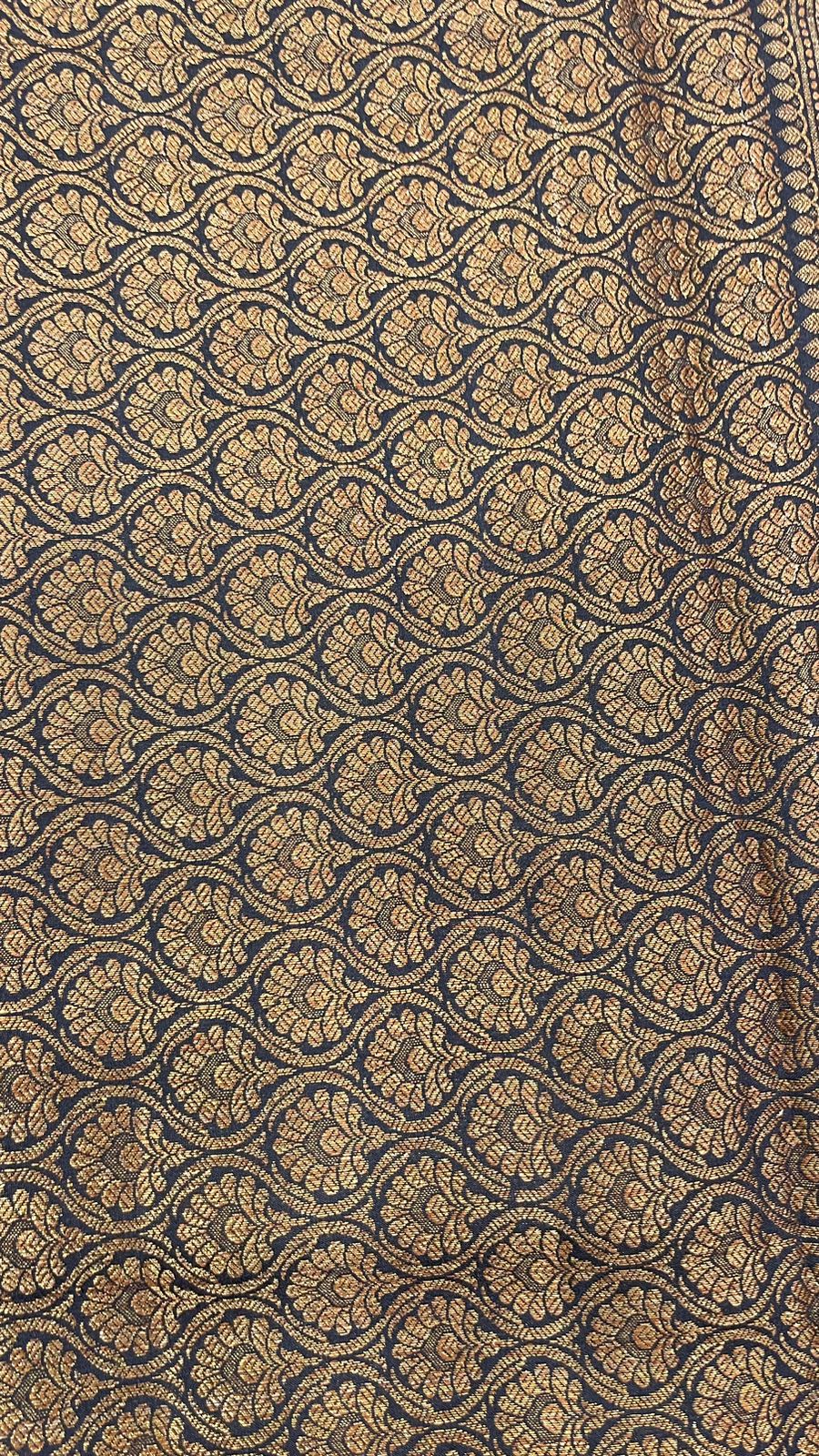 Faishana Pure Silk Handloom Sea Green Muga Silk Zari Mina Floral Booti Contrast Navy Blue Anchal Copper Zari Border Banarasi Saree with Navy Blouse